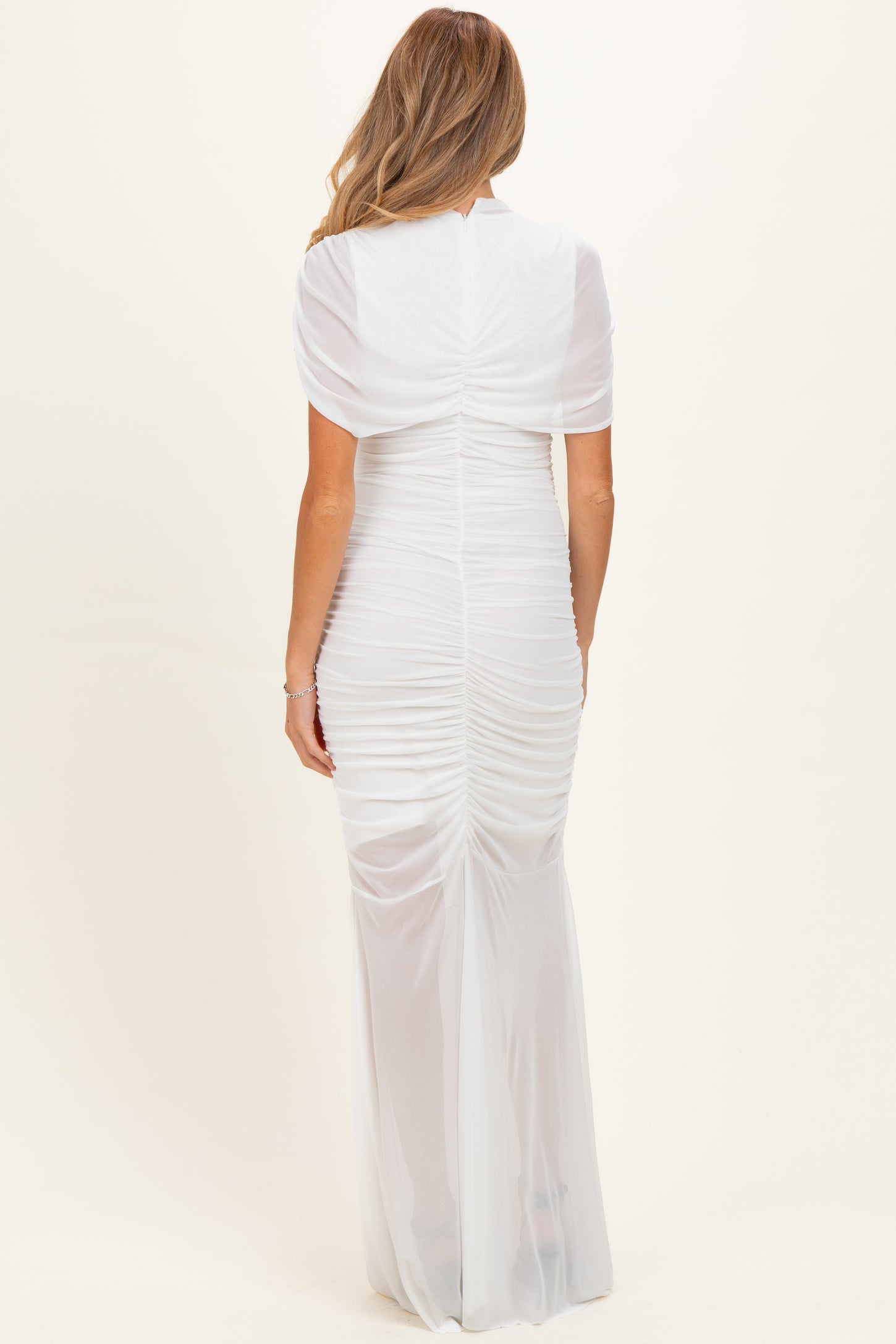 Ivory Draped Bodice Ruched Mesh Maternity Maxi Dress