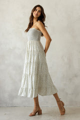 Cream Blue Floral Smocked Tiered Midi Dress
