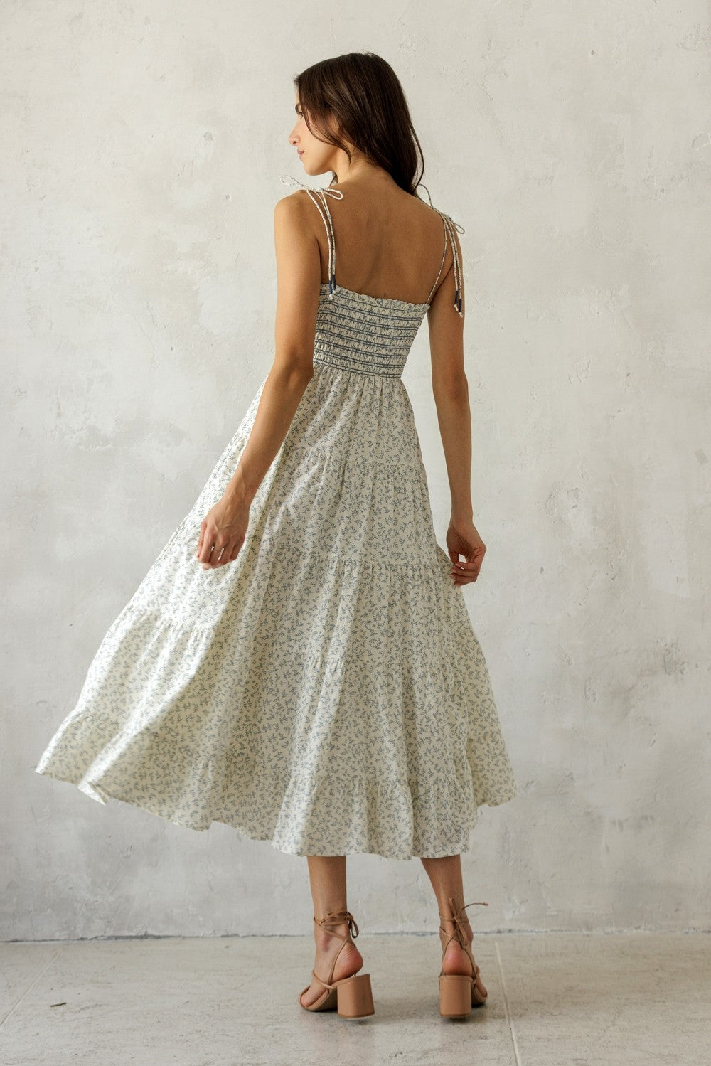Cream Blue Floral Smocked Tiered Midi Dress