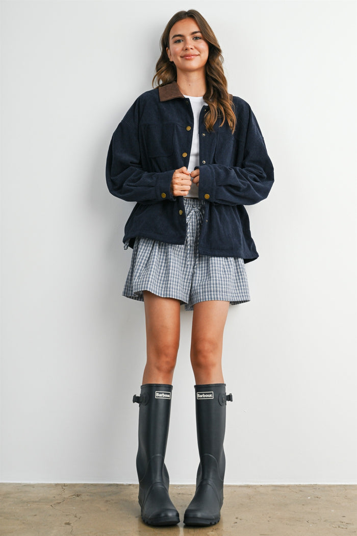 Navy Corduroy Contrast Collar Utility Jacket