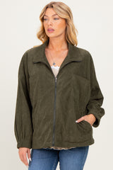 Olive Oversized Corduroy Maternity Zipper Jacket