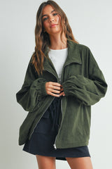 Olive Oversized Corduroy Zipper Jacket