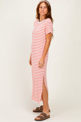 Coral/ Ivory Striped Short Sleeve Midi Dress