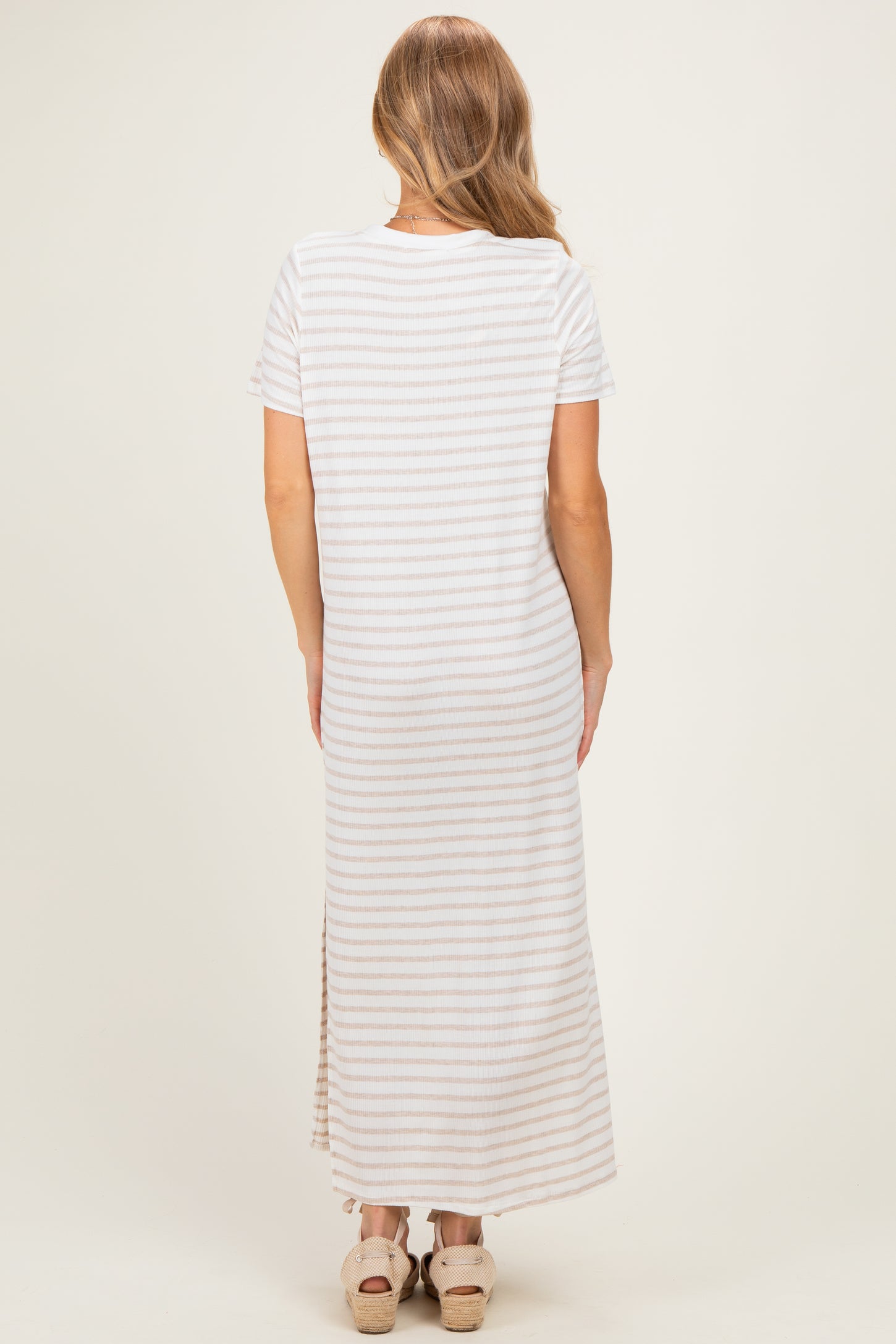 Oatmeal/ Ivory Striped Short Sleeve Midi Dress