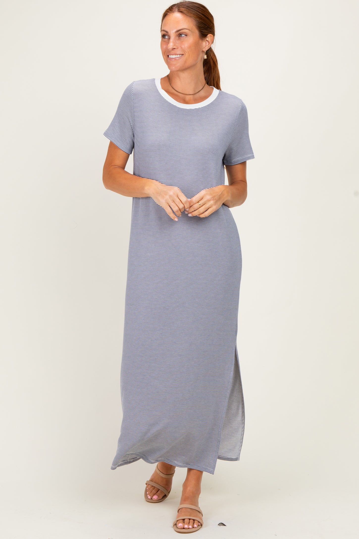Ivory/ Navy Striped Short Sleeve Maternity Maxi Dress