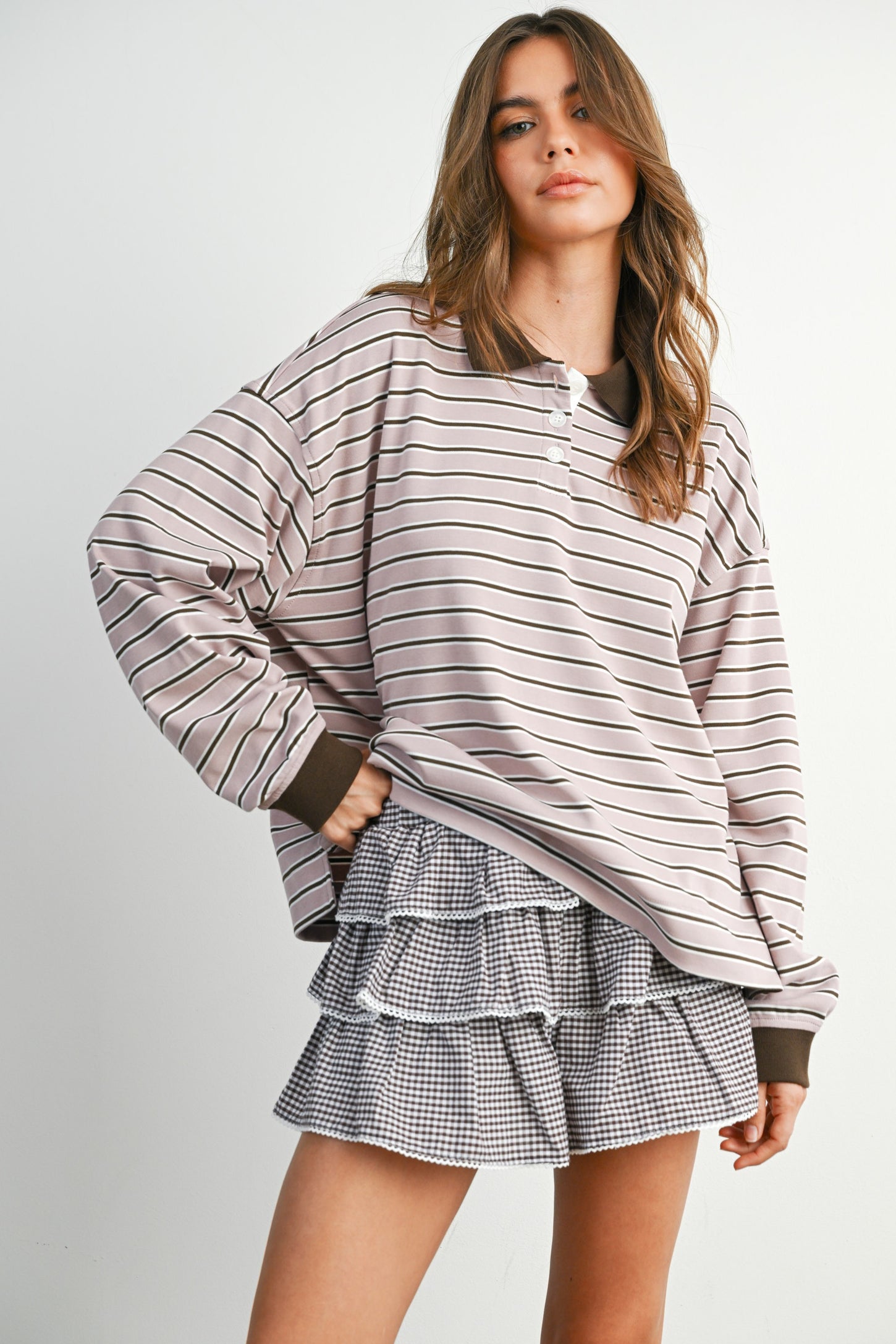 Mauve Striped Long Sleeve Polo Maternity Top