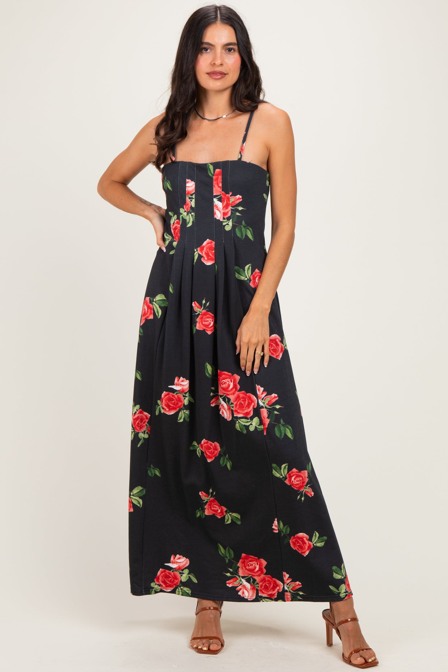 Black Floral Thin Strap Maternity Midi Dress
