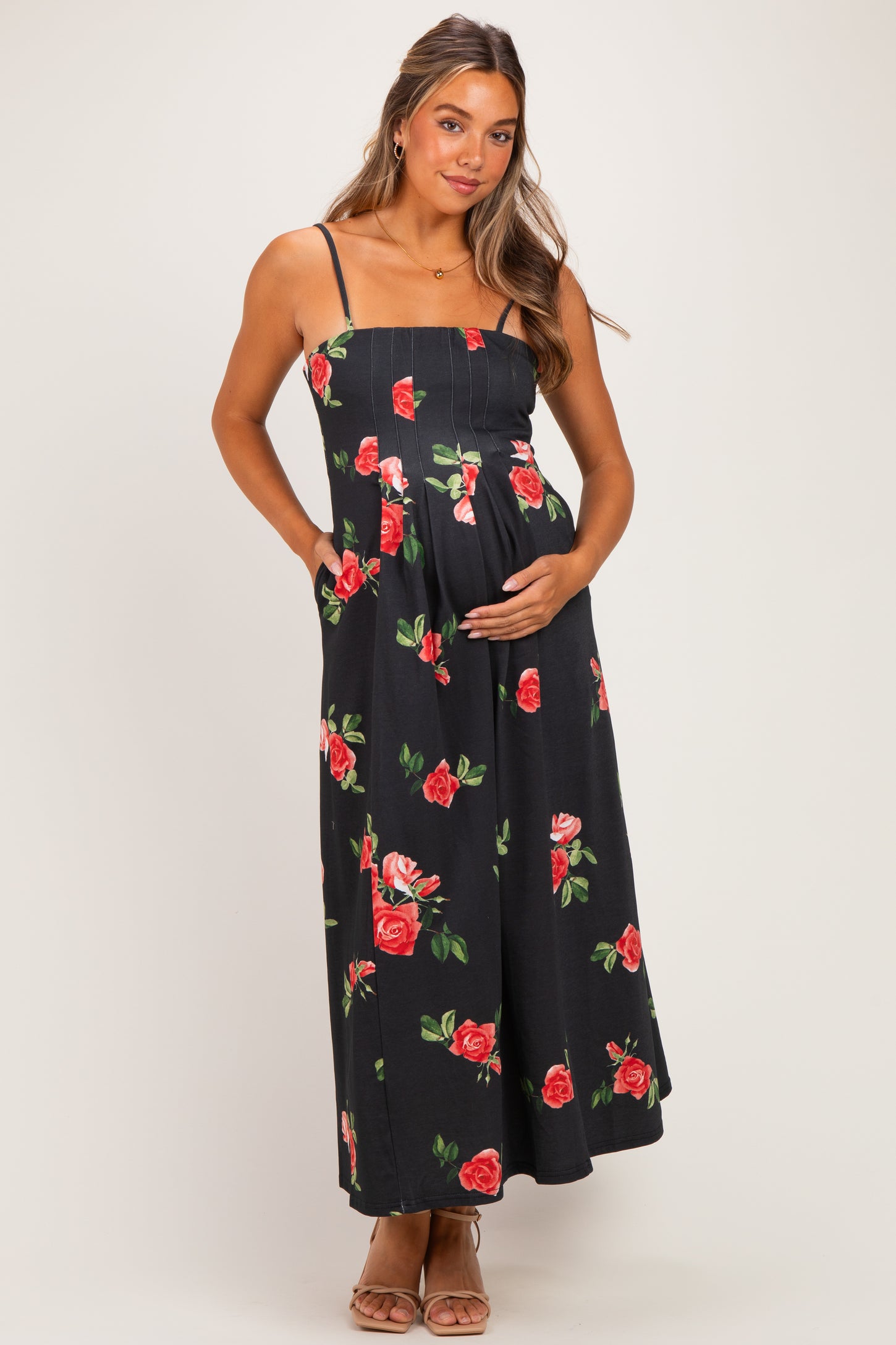Black Floral Thin Strap Maternity Midi Dress