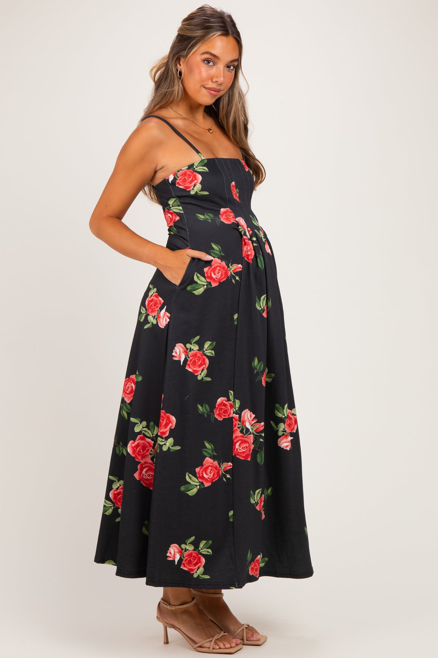 Black Floral Thin Strap Maternity Midi Dress