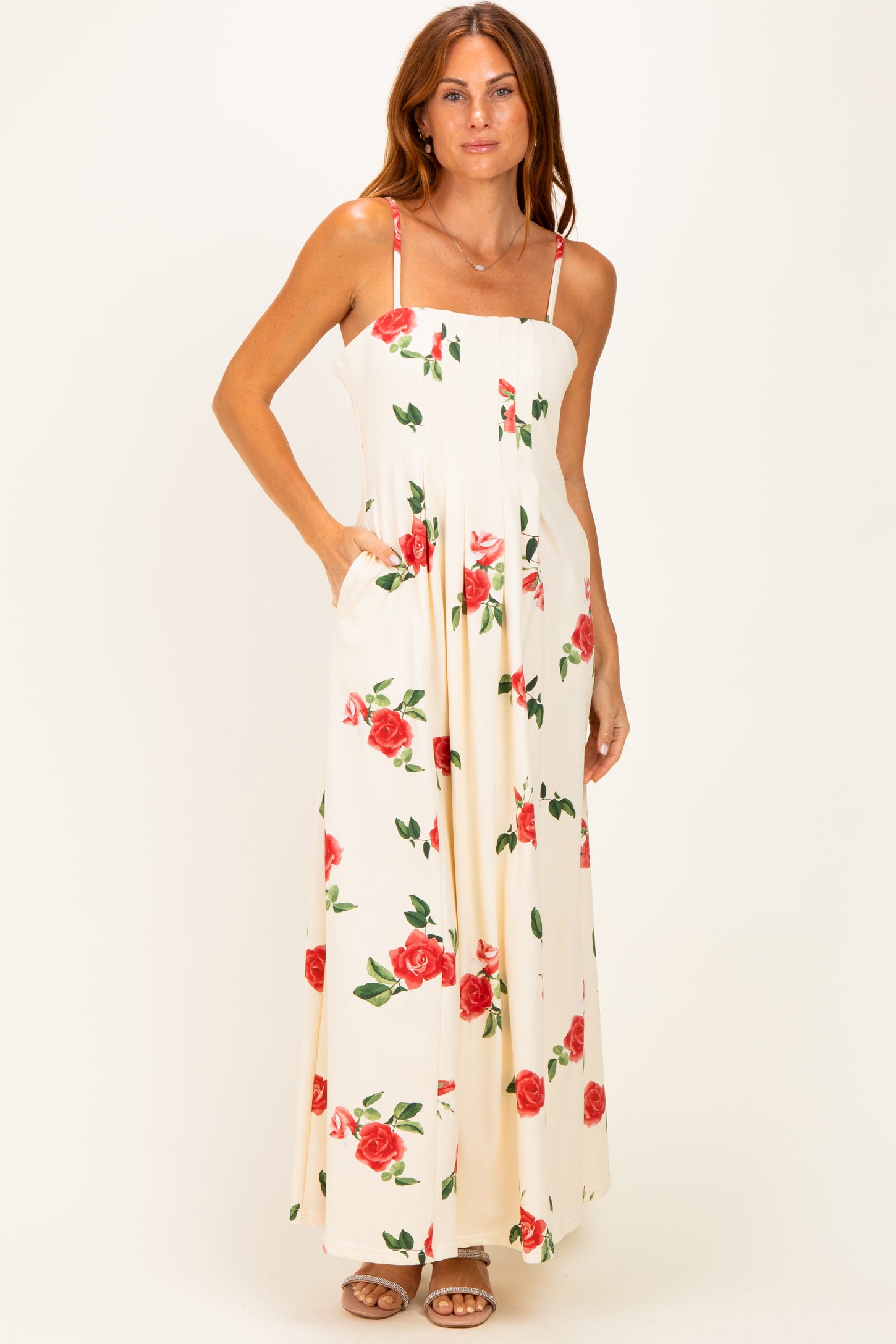 Cream Floral Thin Strap Midi Dress