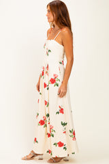 Cream Floral Thin Strap Midi Dress