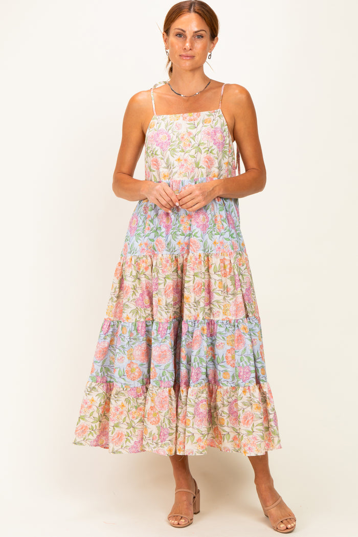 Pink Floral Colorblock Tiered Maxi Dress