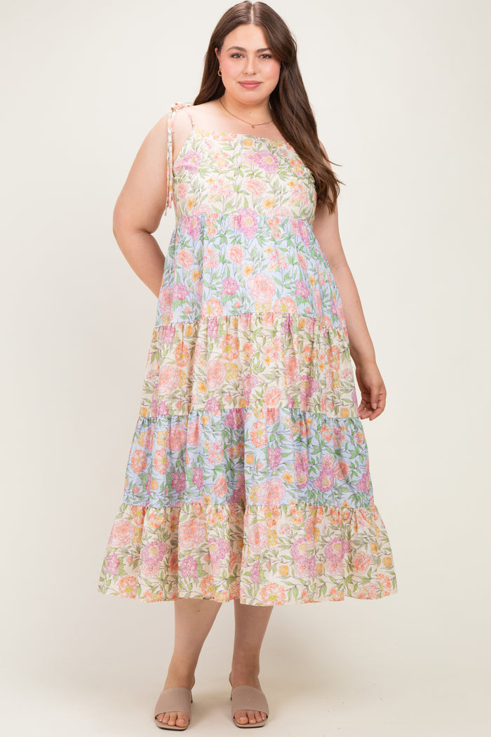 Pink Floral Colorblock Tiered Maternity Plus Maxi Dress