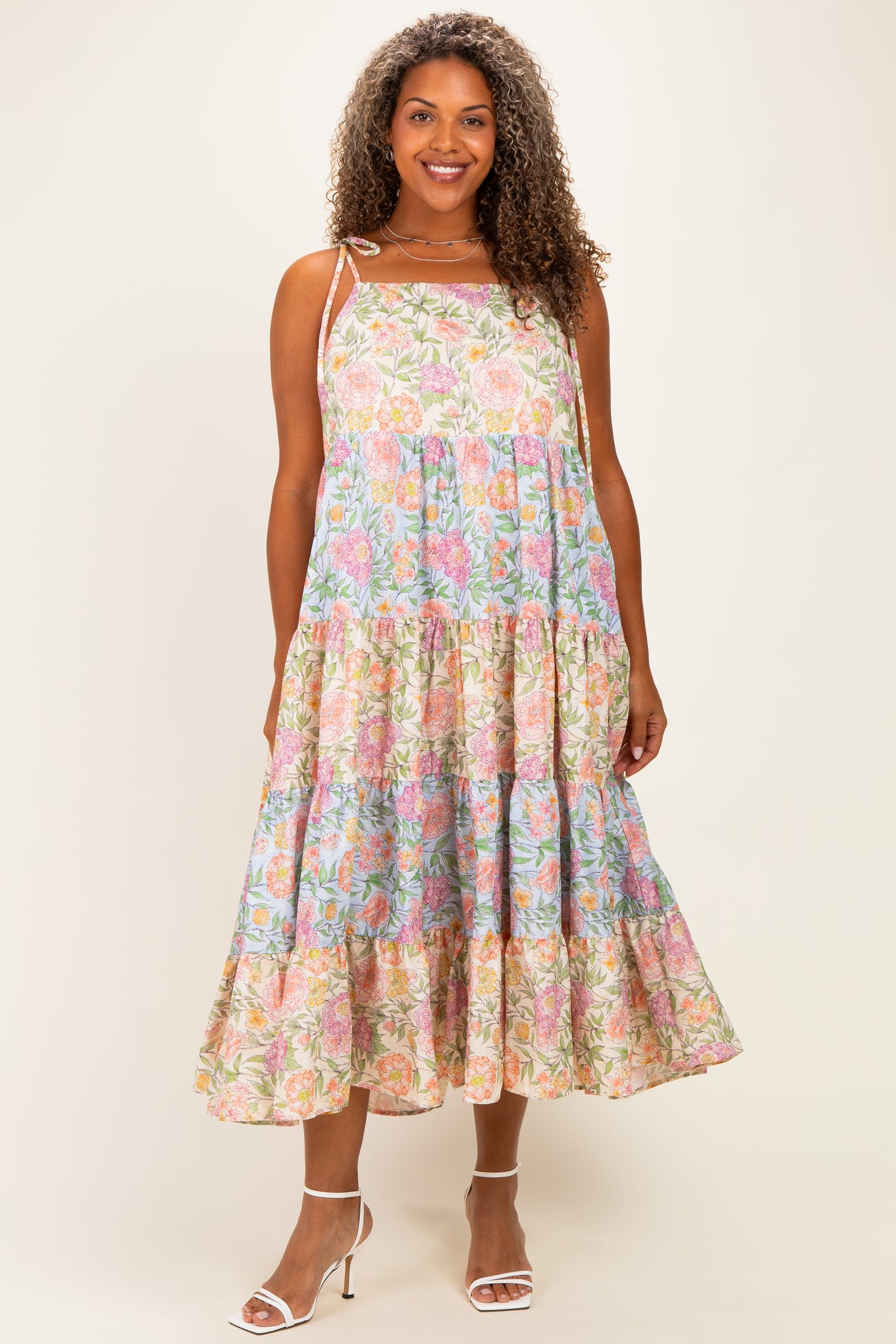 Pink Floral Colorblock Tiered Maternity Plus Maxi Dress