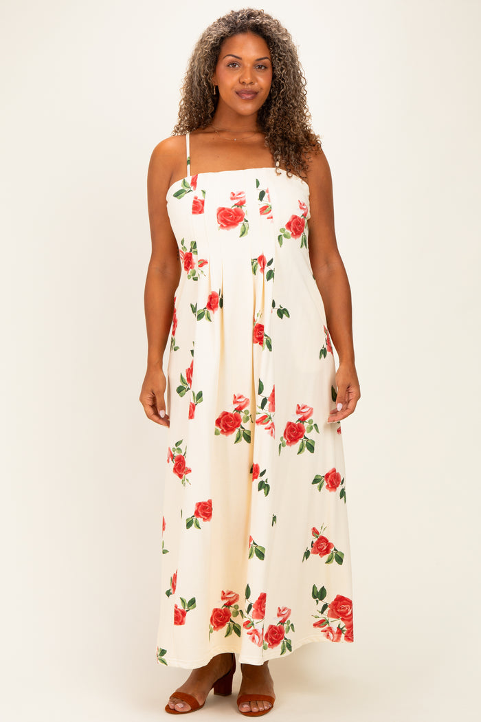 Cream Floral Thin Strap Maternity Plus Midi Dress