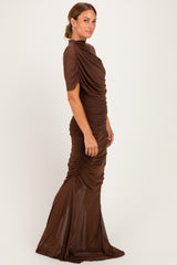 Brown Draped Bodice Ruched Mesh Maxi Dress