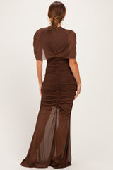 Brown Draped Bodice Ruched Mesh Maxi Dress