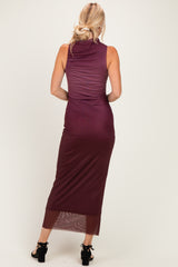Burgundy Ombre Mesh Ruched Sleeveless Midi Dress