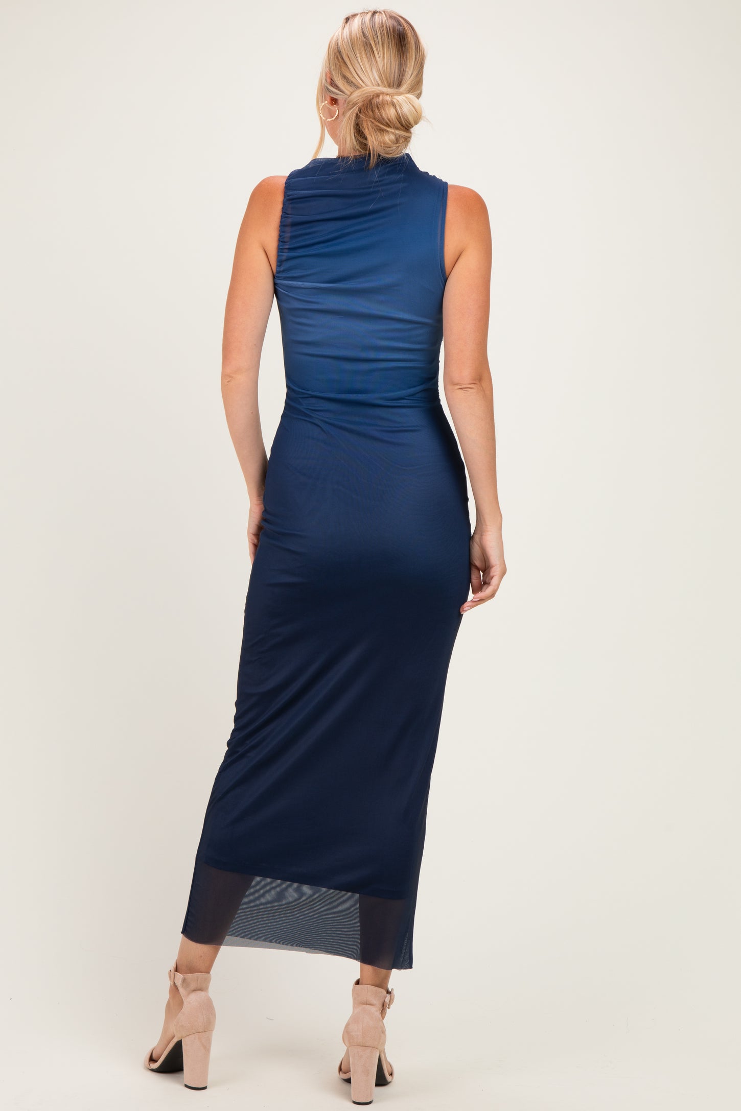 Navy Ombre Mesh Ruched Sleeveless Midi Dress