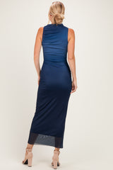 Navy Ombre Mesh Ruched Sleeveless Midi Dress