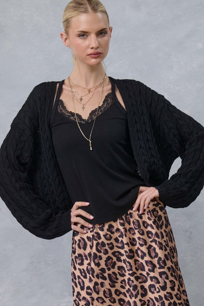 Black Dolman Sleeve Boho Cable Knit Cardigan