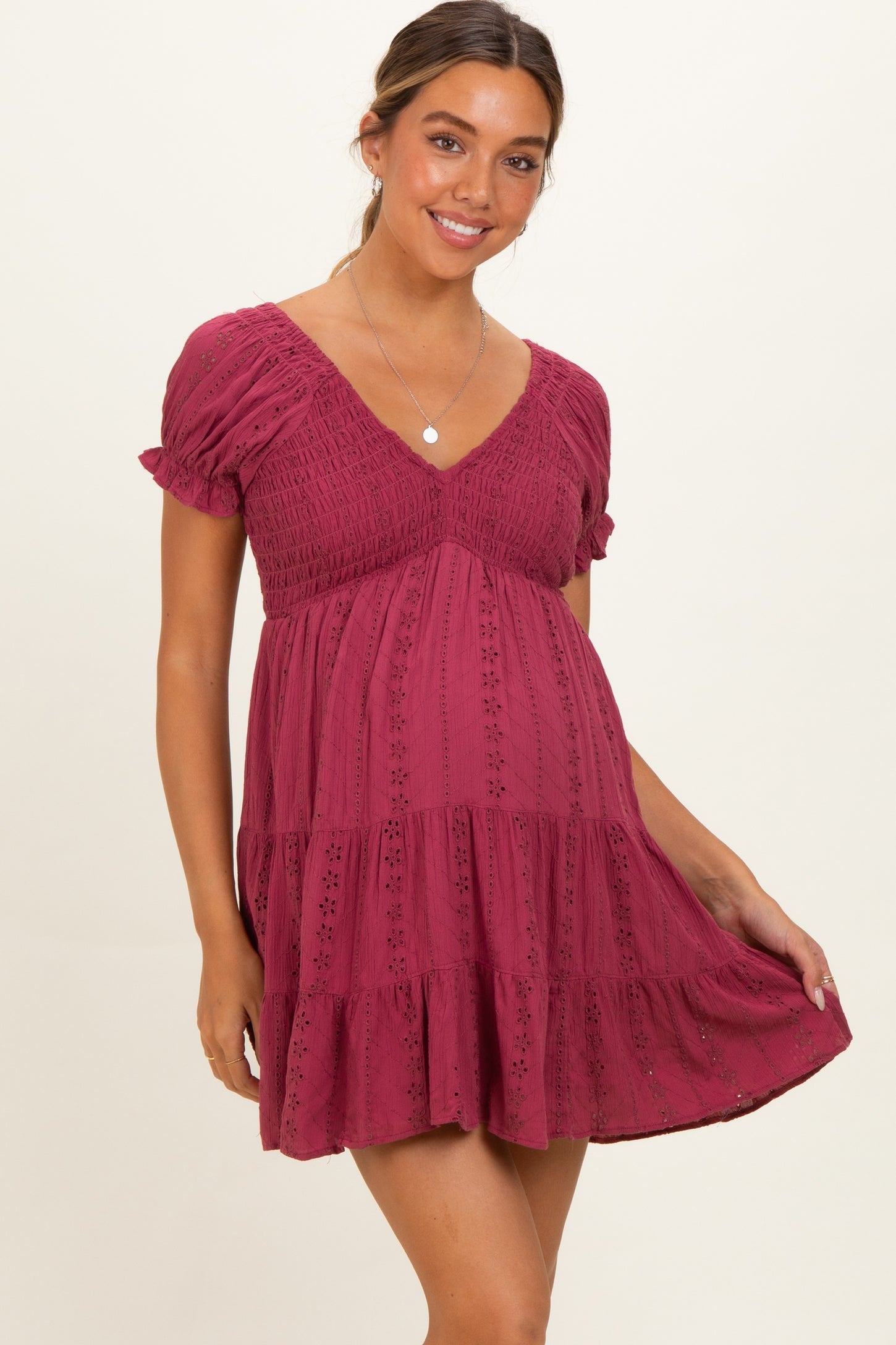 Dried Rose Smocked Eyelet Lace Maternity Mini Dress