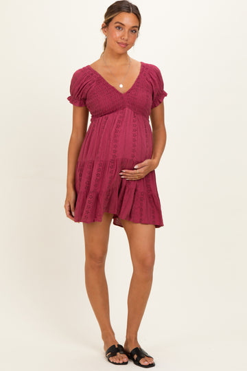 Dried Rose Smocked Eyelet Lace Maternity Mini Dress