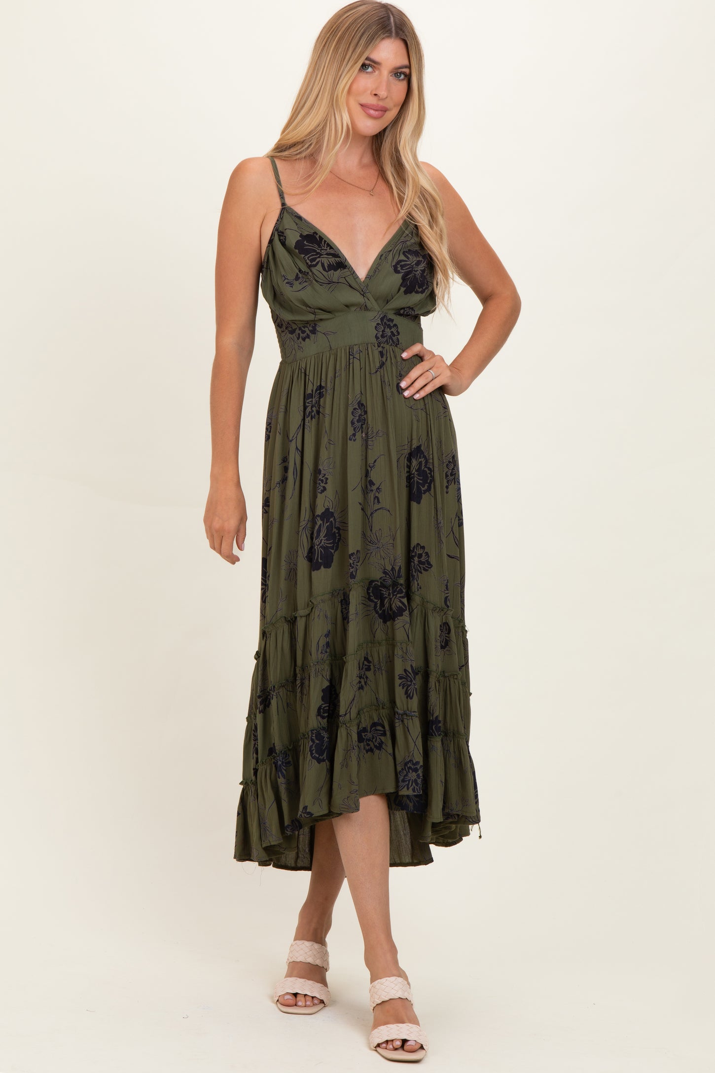 Olive Floral V-Neck Tiered Hi-Lo Dress