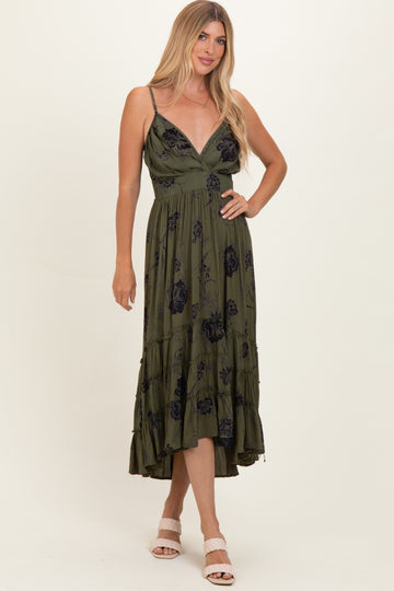 Olive Floral V-Neck Tiered Hi-Lo Dress
