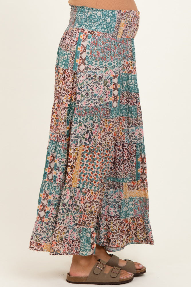 Teal Patchwork Print Smocked Waistband Maternity Maxi Skirt