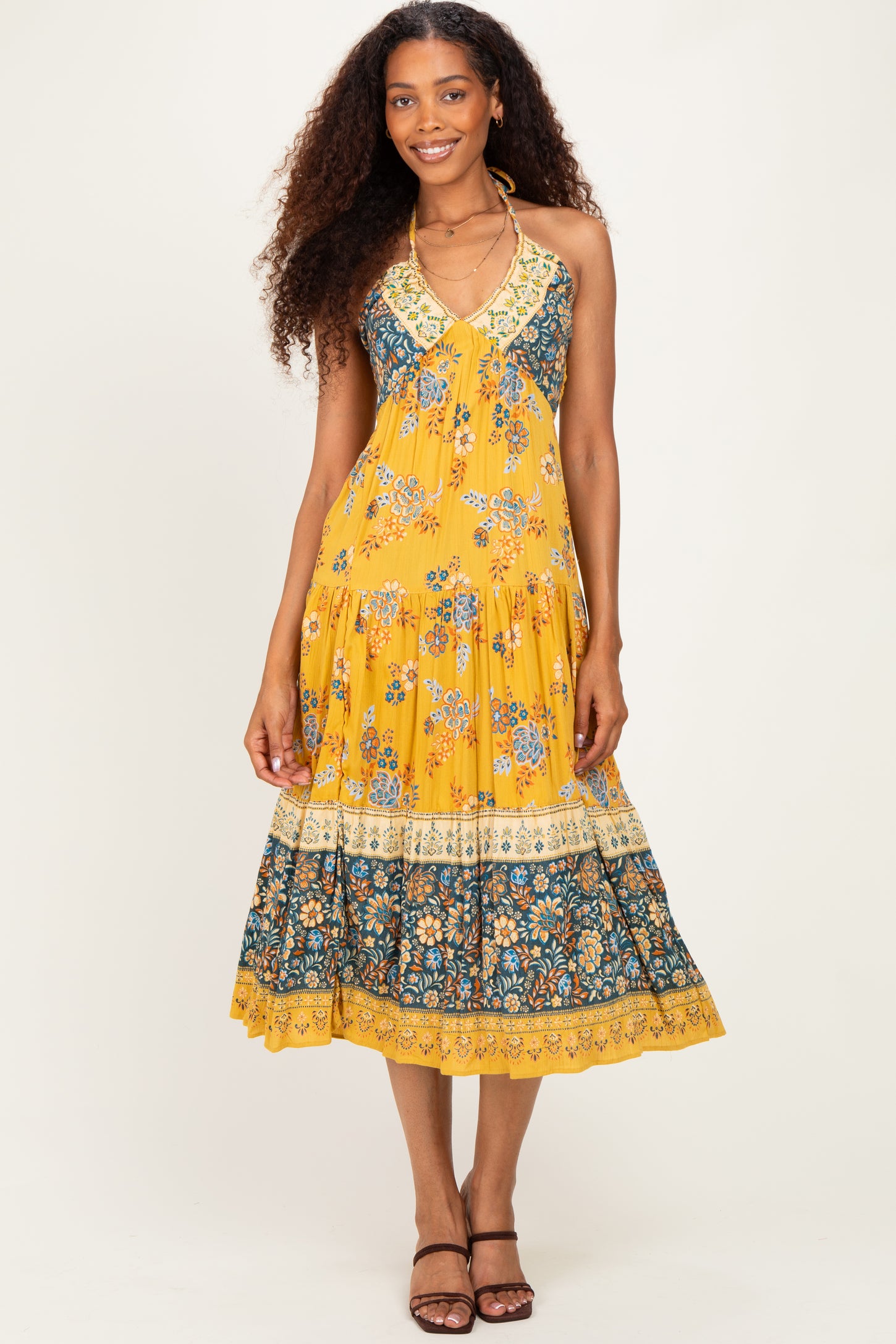 Yellow Mixed Print Halter Maxi Dress