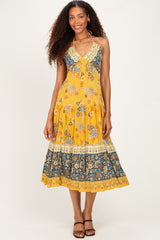 Yellow Mixed Print Halter Maxi Dress