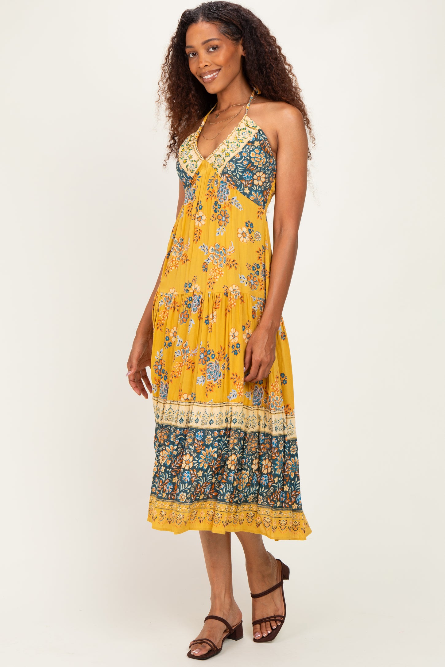 Yellow Mixed Print Halter Maxi Dress