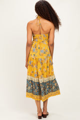 Yellow Mixed Print Halter Maxi Dress