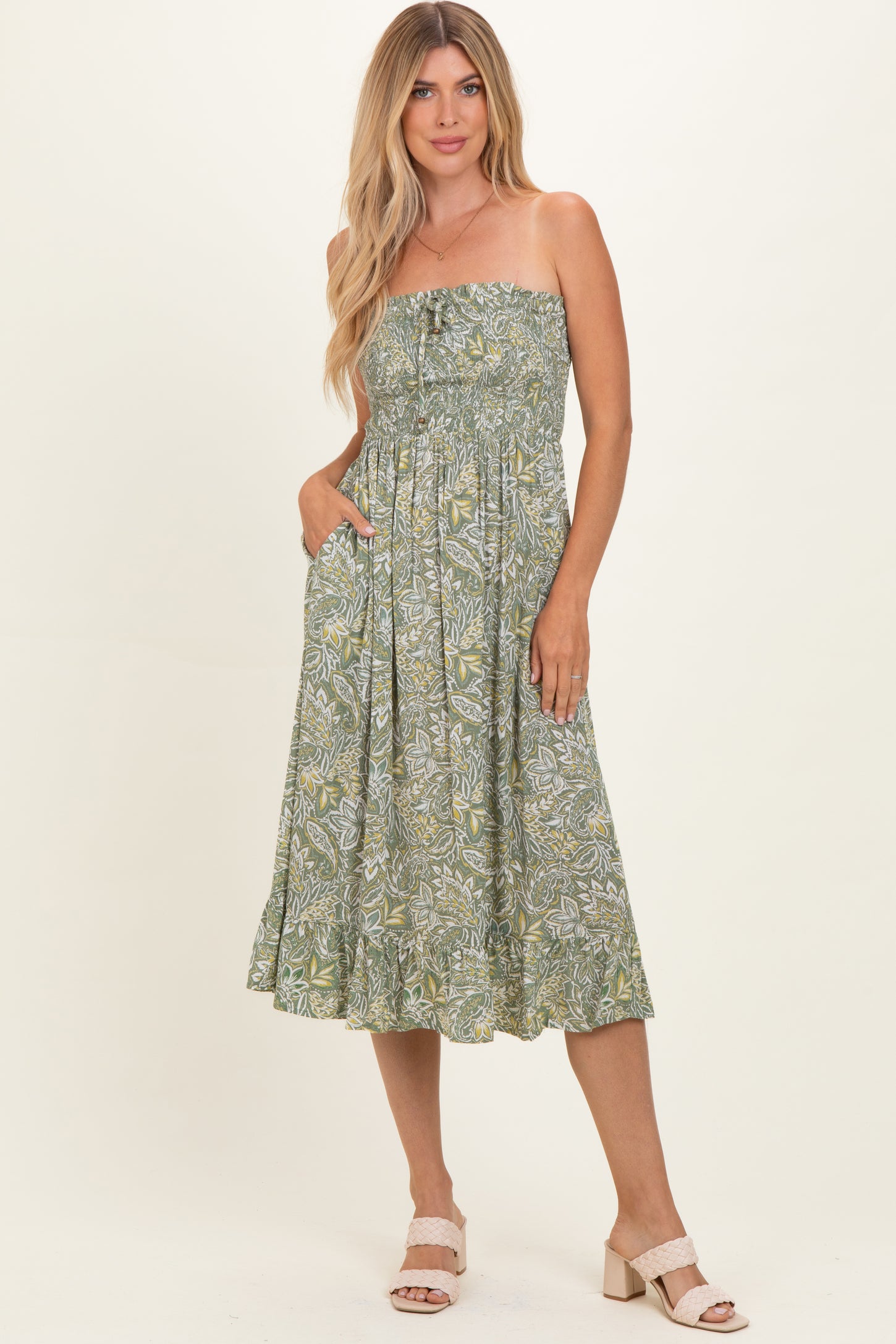 Green Floral Smocked Strapless Midi Dress