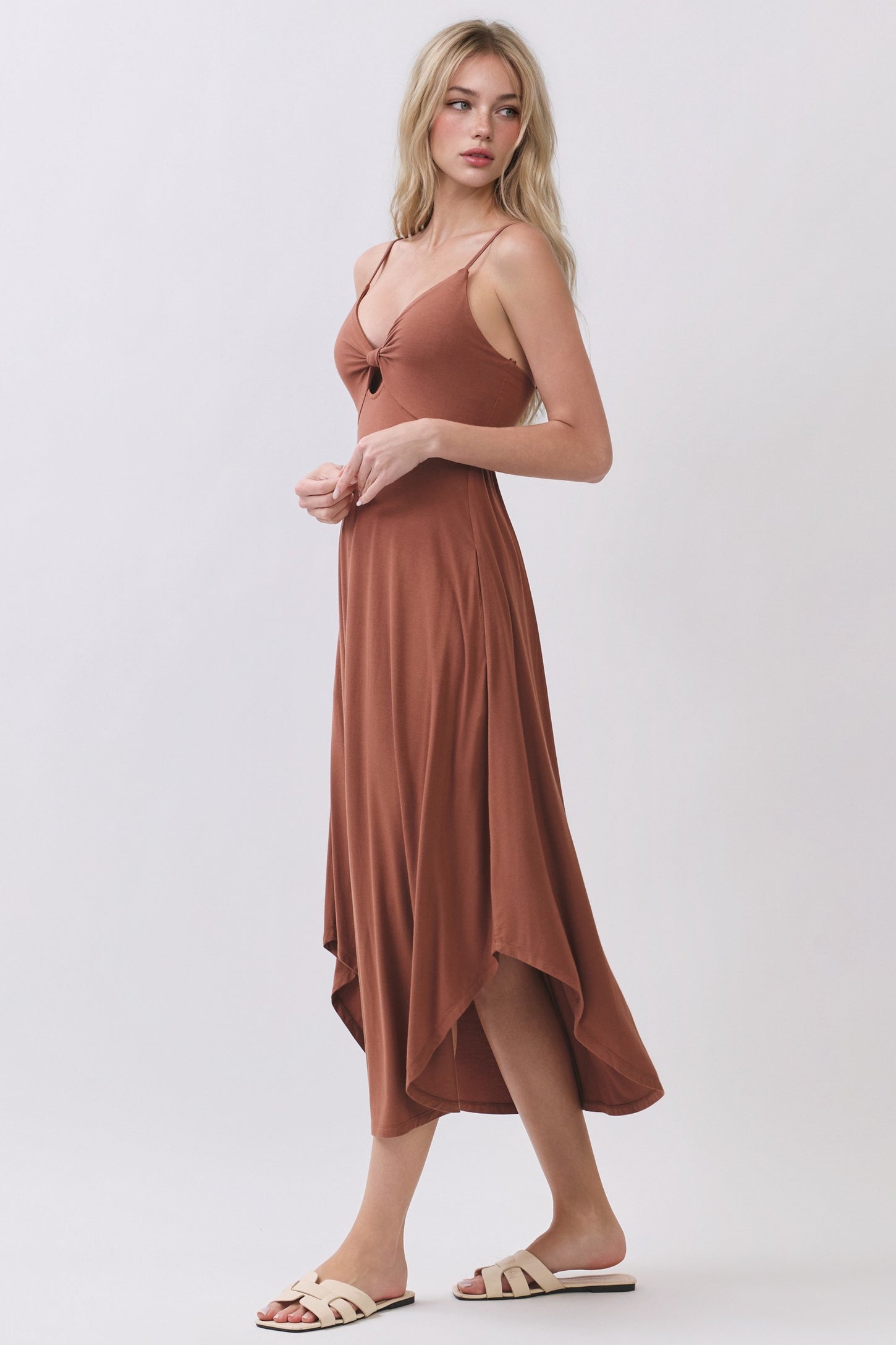Rust Solid V-Neck Cami Dress