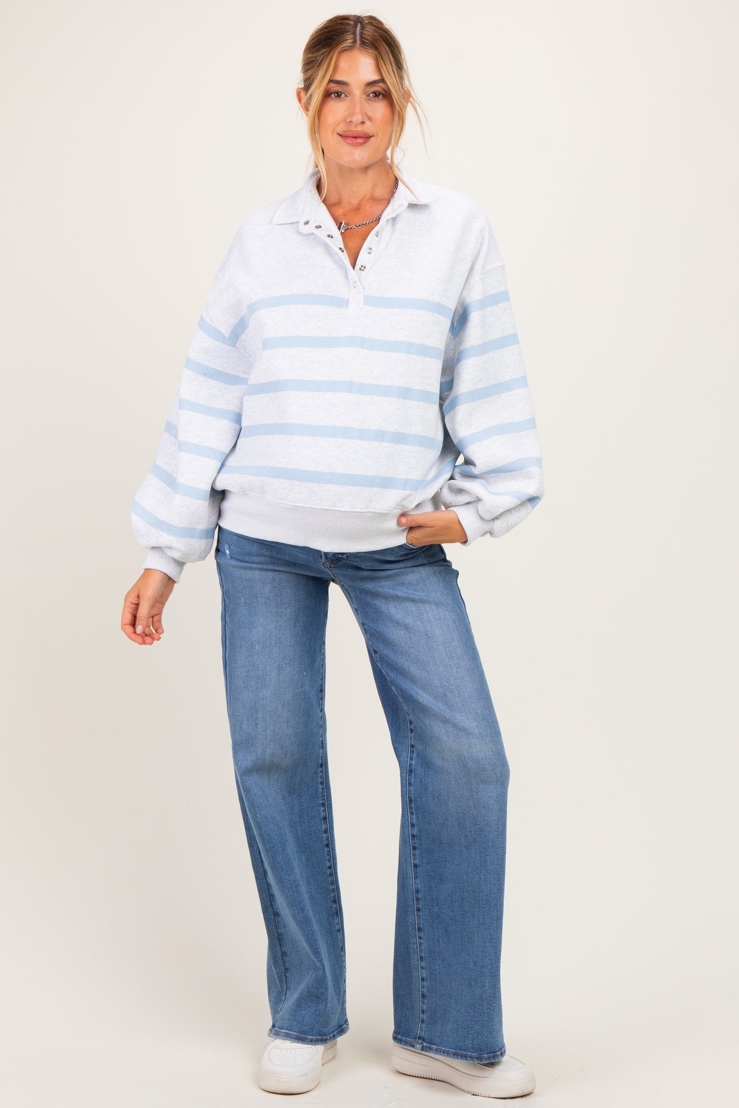Heather Grey Striped Snap Button Maternity Pullover