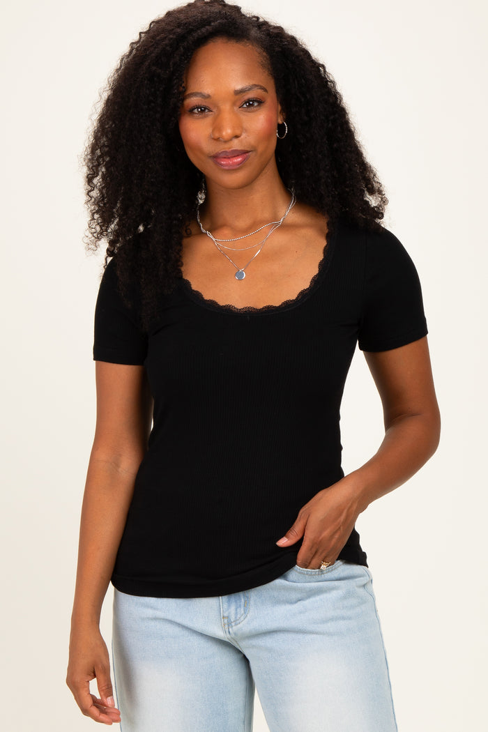 Black Lace Trim Ribbed Maternity Top