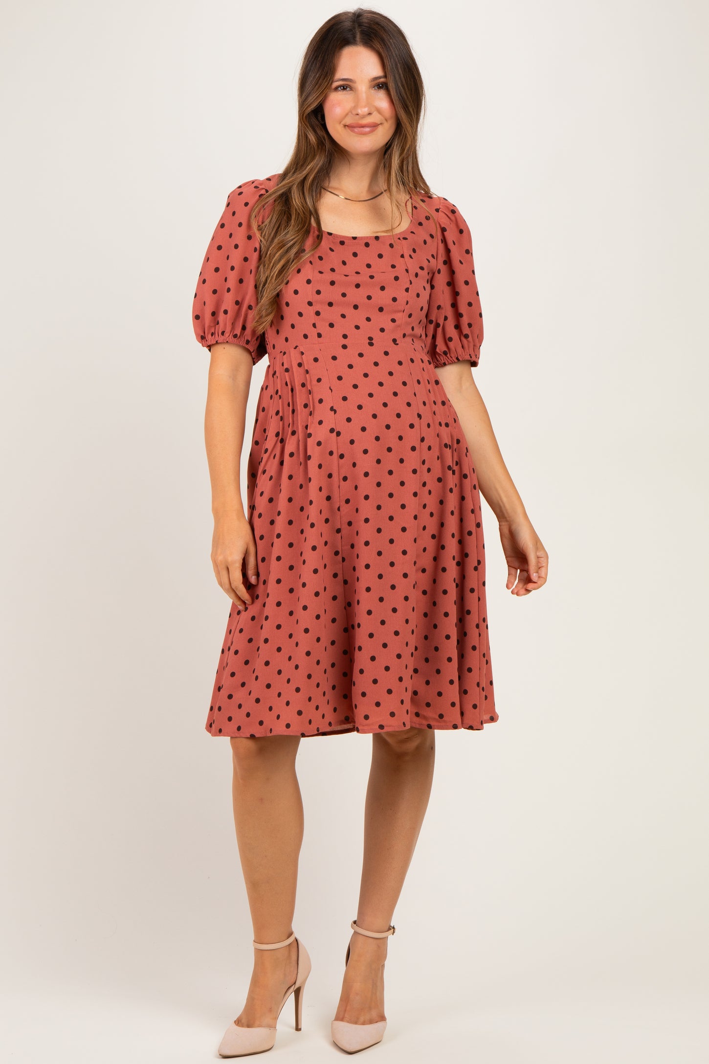 Marsala Polka Dot Puff Sleeve Maternity Dress