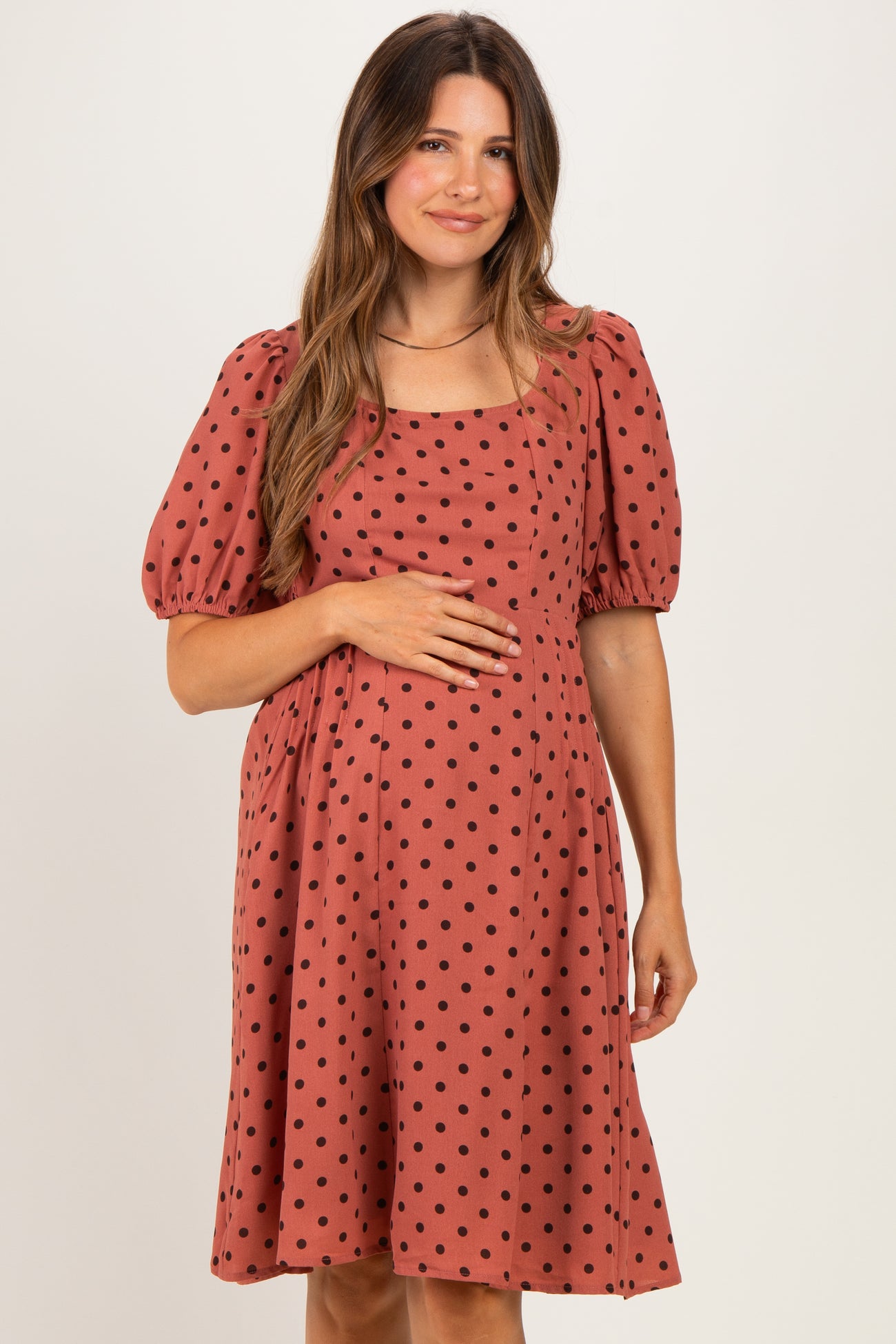 Marsala Polka Dot Puff Sleeve Maternity Dress
