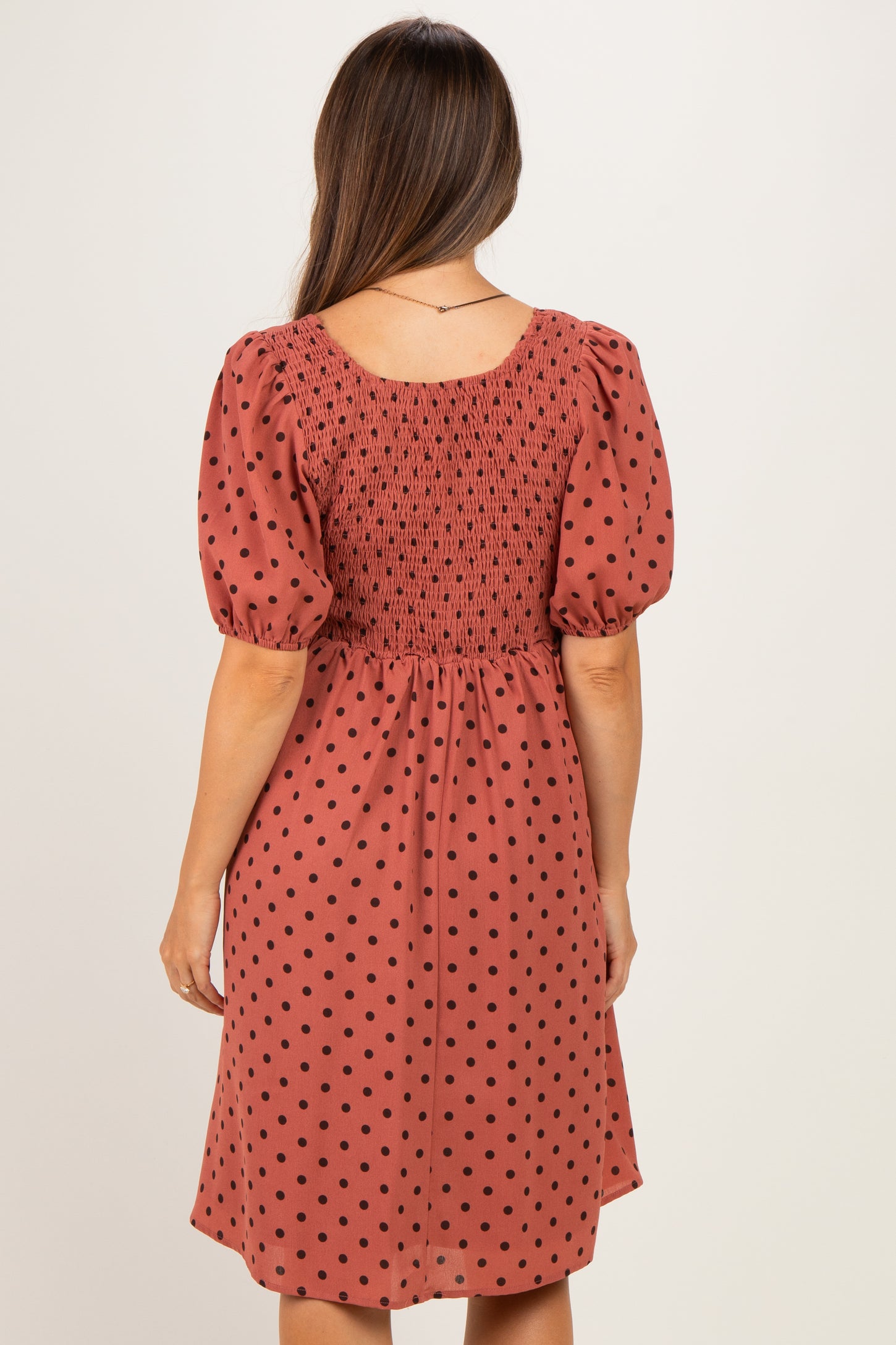 Marsala Polka Dot Puff Sleeve Maternity Dress