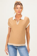 Tan Stripe Trim Maternity Collared Top