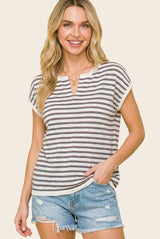 Plum Split Neck Striped Knit Top