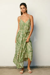 Sage Printed Waist Tie Maxi Dress