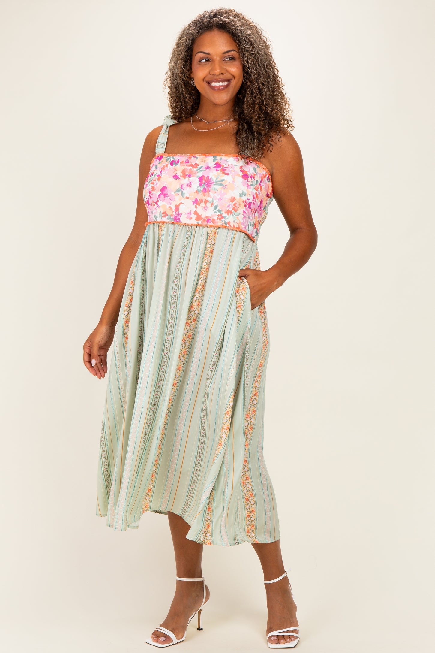 Sage Plus Floral Tie Shoulder Woven Maternity Midi Dress