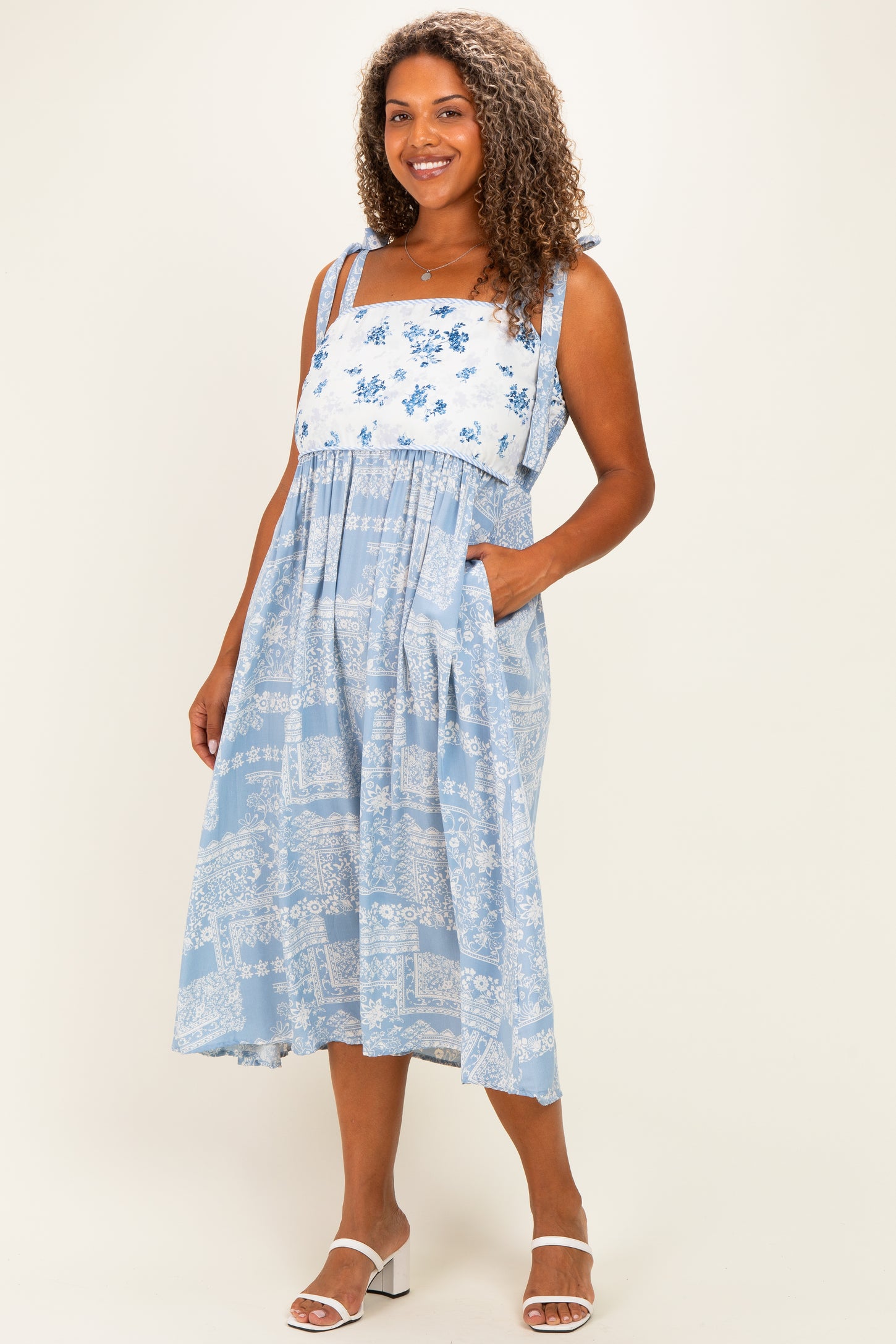 Blue Ivory Plus Floral Tie Shoulder Woven Maternity Midi Dress