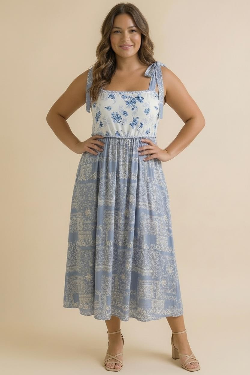 woman wearing a blue floral maxi dress with tie straps and a cinched waist, standing against a neutral background
