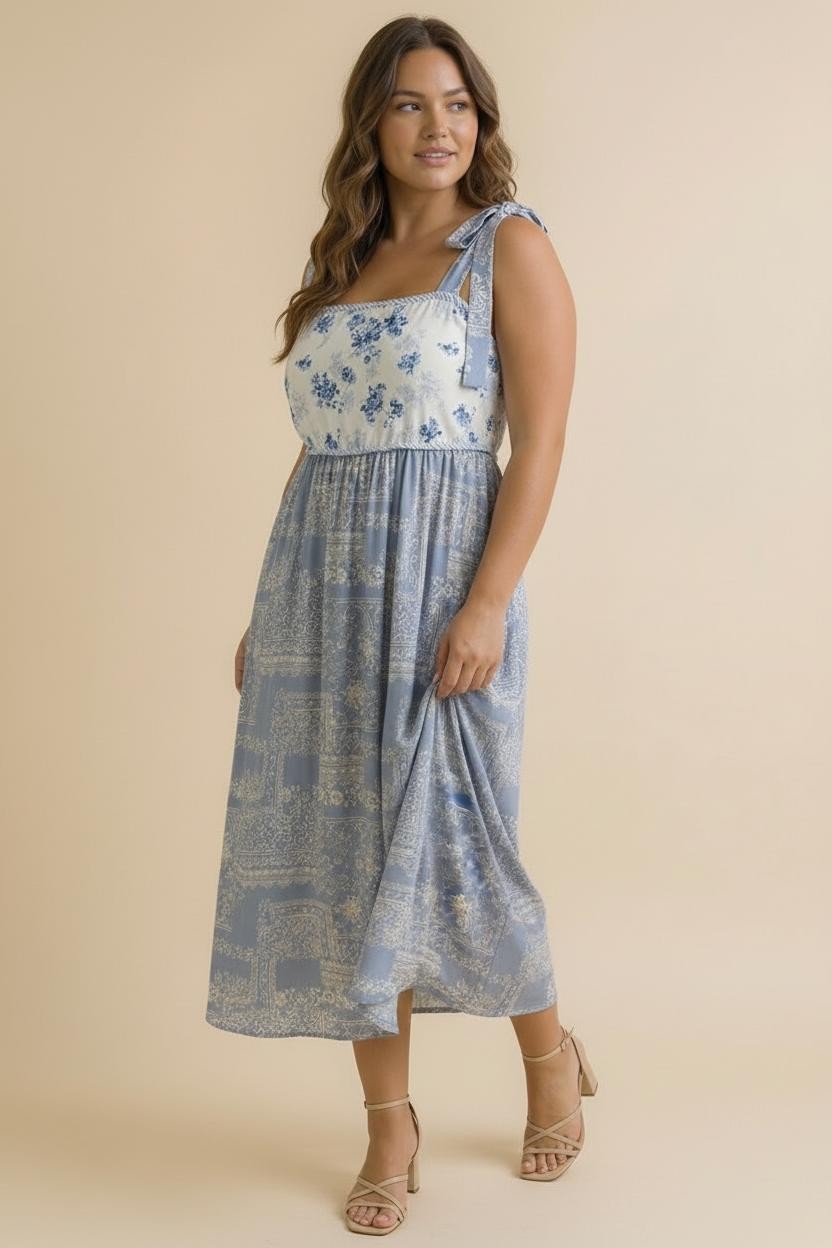 woman wearing a blue floral print midi dress with adjustable straps and a fitted bodice