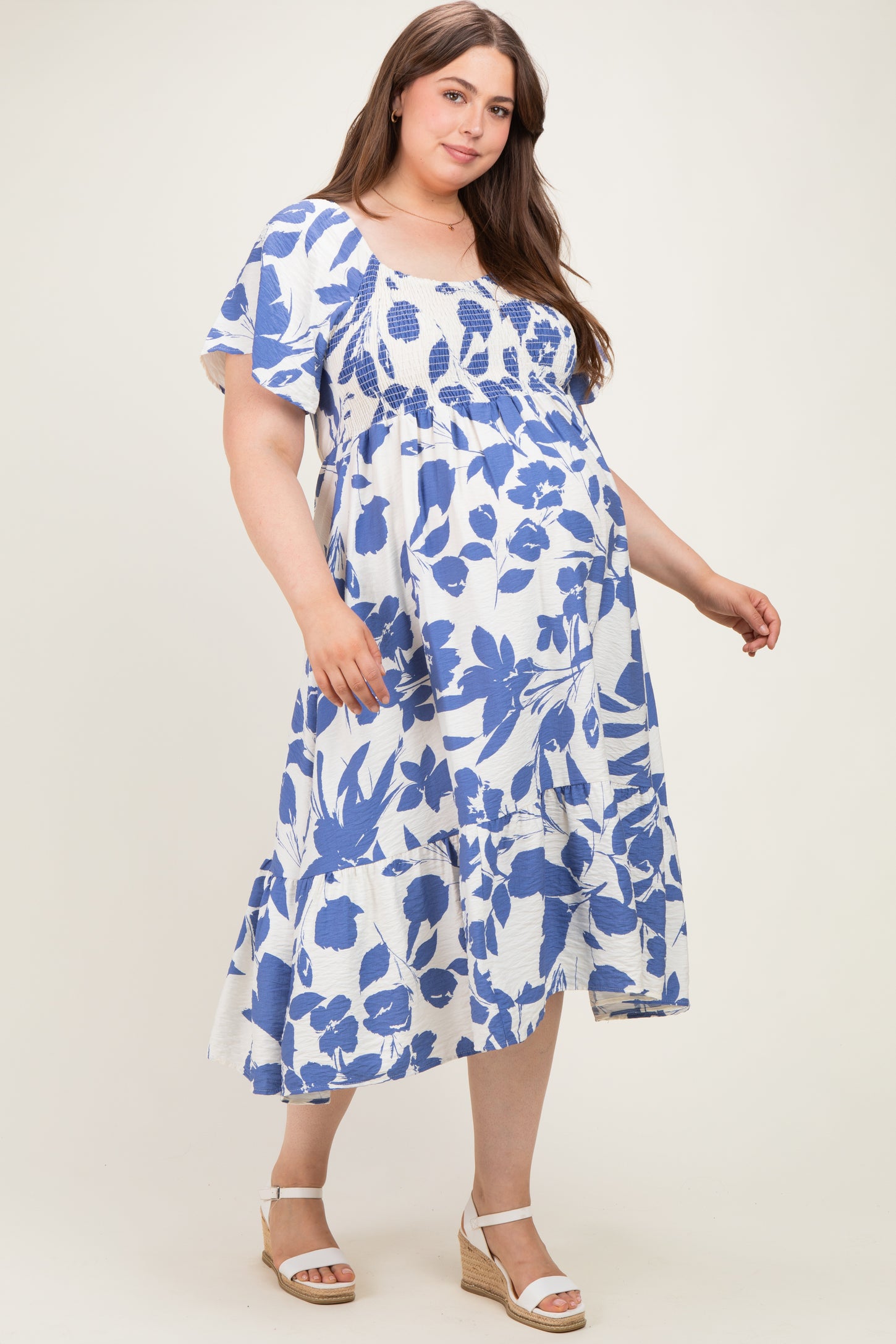 Blue Ivory Plus Sweetheart Smocked Front Floral Maternity Maxi Dress