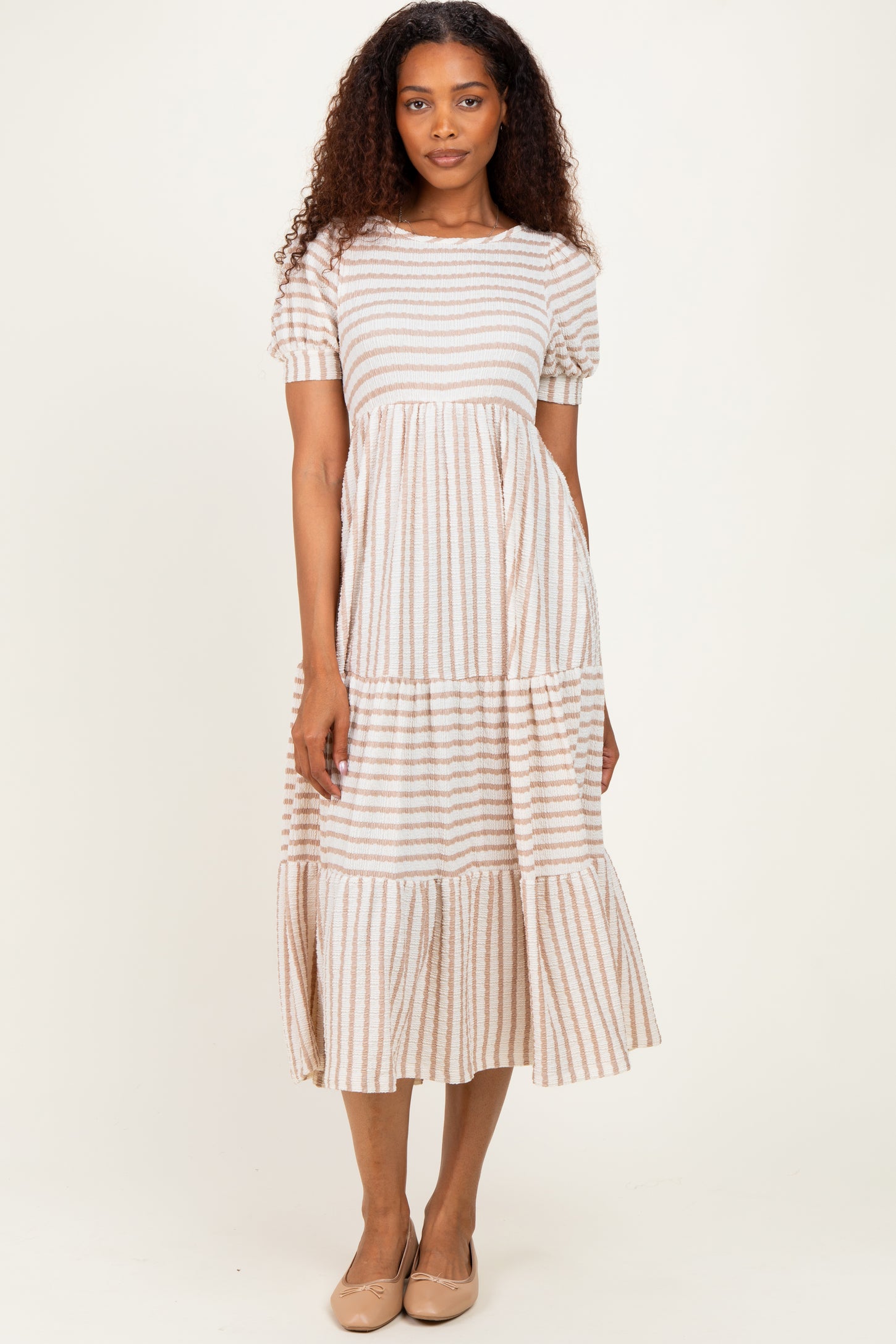 Cream/ Mocha Striped Short Sleeve Tiered Maxi Dress